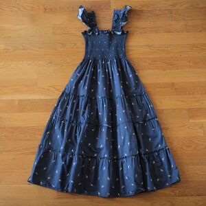 Hill House Home The Ellie Nap Dress Women Navy Floral Smocked Tiered XS Maxi